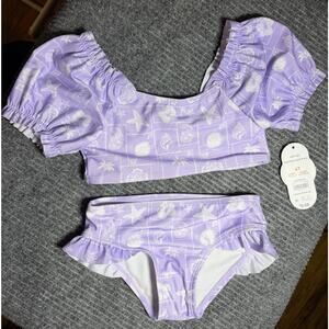 WonderNation 4T Baby Girls 2PC Swimsuit Prpl Starfish Sea Turtle Puff Sleeve NWT